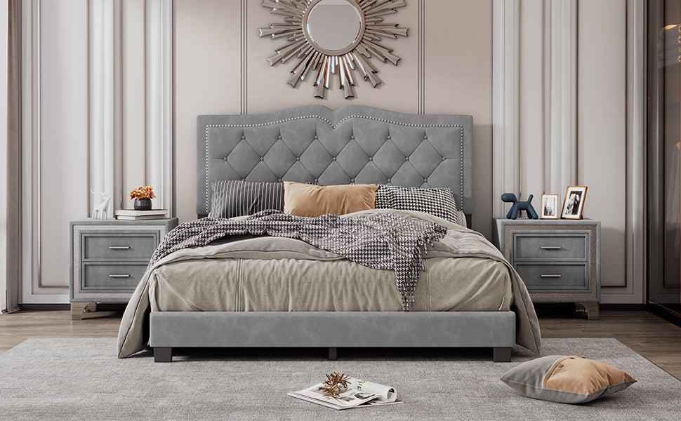 Queen Size Upholstered Bed Frame with Rivet Design, Modern Velvet Platform Bed with Tufted Headboard,Gray - Atlantic Fine Furniture Melbourne FL