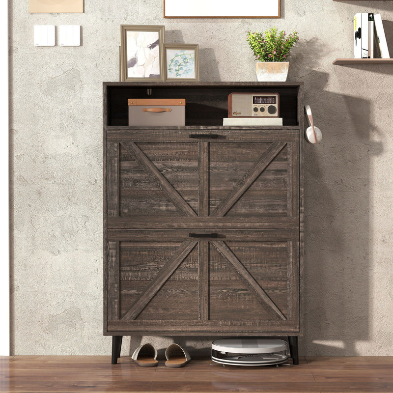 Farmhouse Shoe Storage Cabinet With Barn Door Design, 2 Flip Drawers, Hooks - Dark Oak
