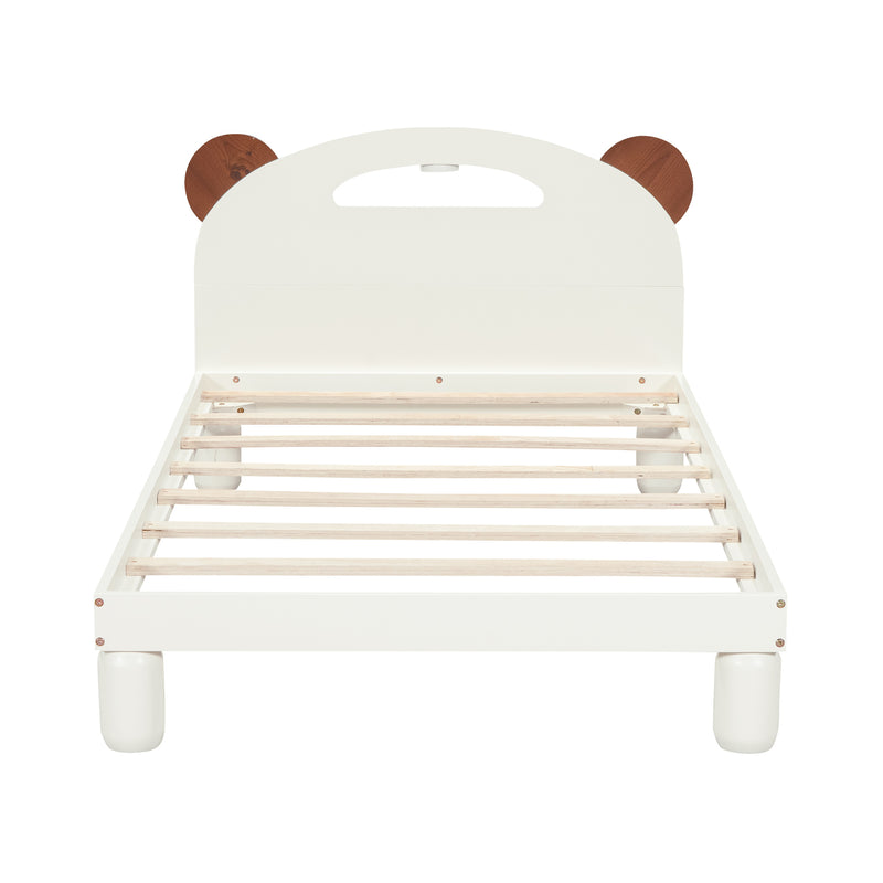 Twin Size Platform Bed with Bear Ears Shaped Headboard and LED, Cream White