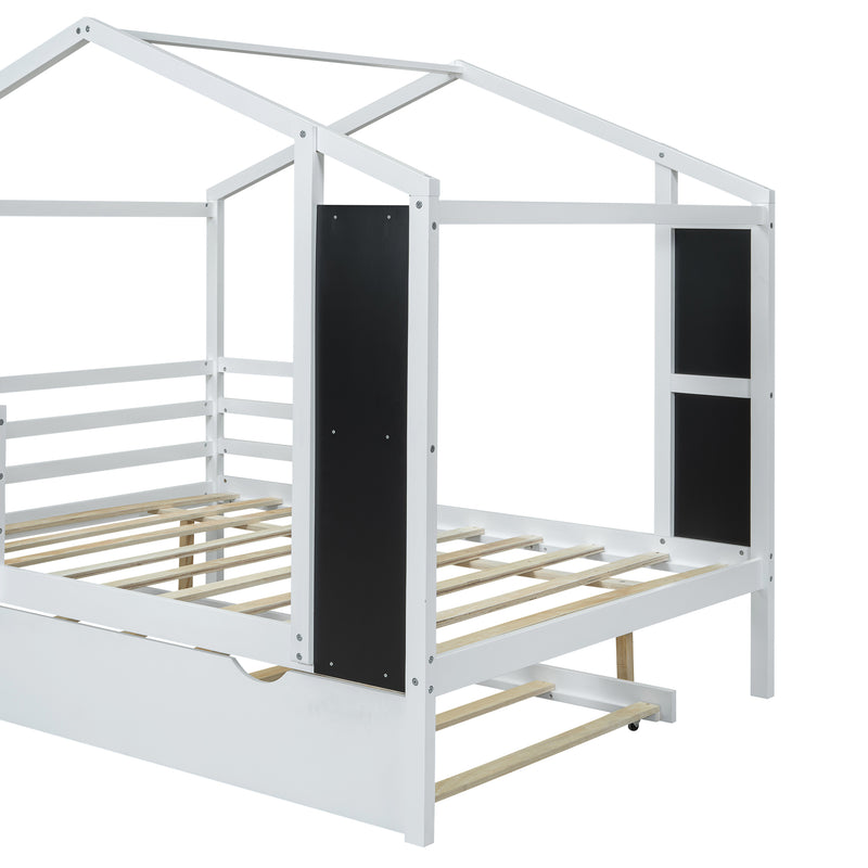 Full Size Wood House Bed with Fence and Writing Board, White