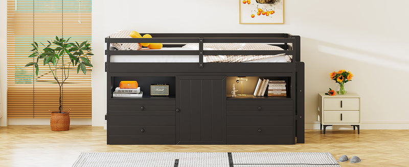 Loft Bed With 4 Drawers, Underneath Cabinet And Shelves