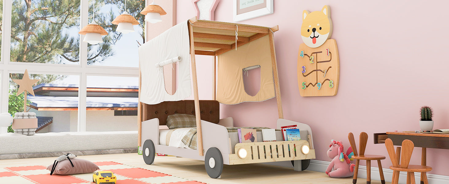 Wood Twin Size Car Bed with Pillow, Ceiling Cloth and LED, Natural - Atlantic Fine Furniture Melbourne FL