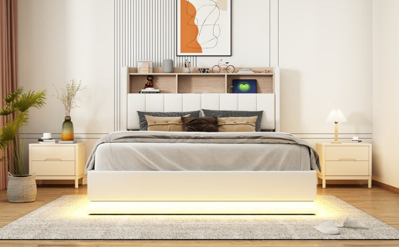 Queen Size  Upholstered Platform Bed with Storage Headboard and Hydraulic Storage System, PU Storage Bed with LED Lights and USB charger, White