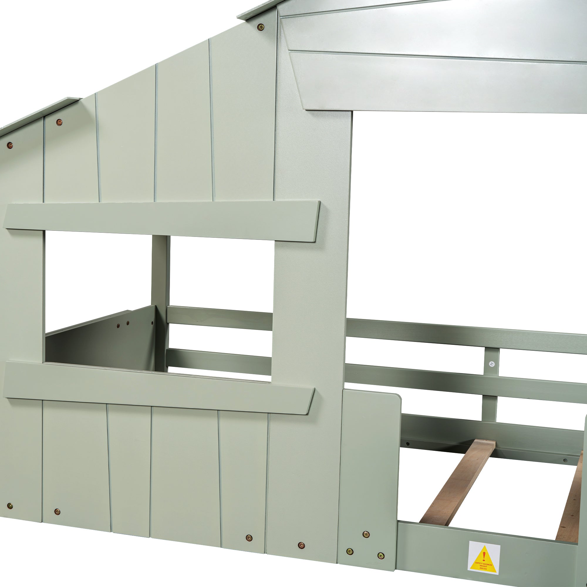 Wood Full Size House Bed with Roof, Window and Guardrail, Light Green - Atlantic Fine Furniture Melbourne FL