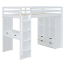 Full Size Loft Bed with large shelves, writing desk and LED Light, White