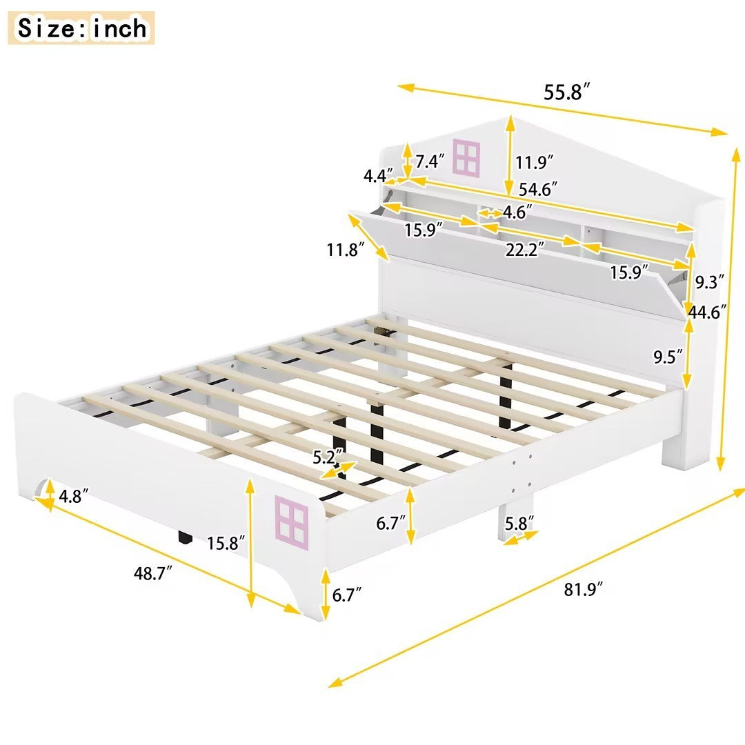 Wooden Full Size House Bed with Storage Headboard ,Kids Bed with Storage Shelf,White - Atlantic Fine Furniture Melbourne FL