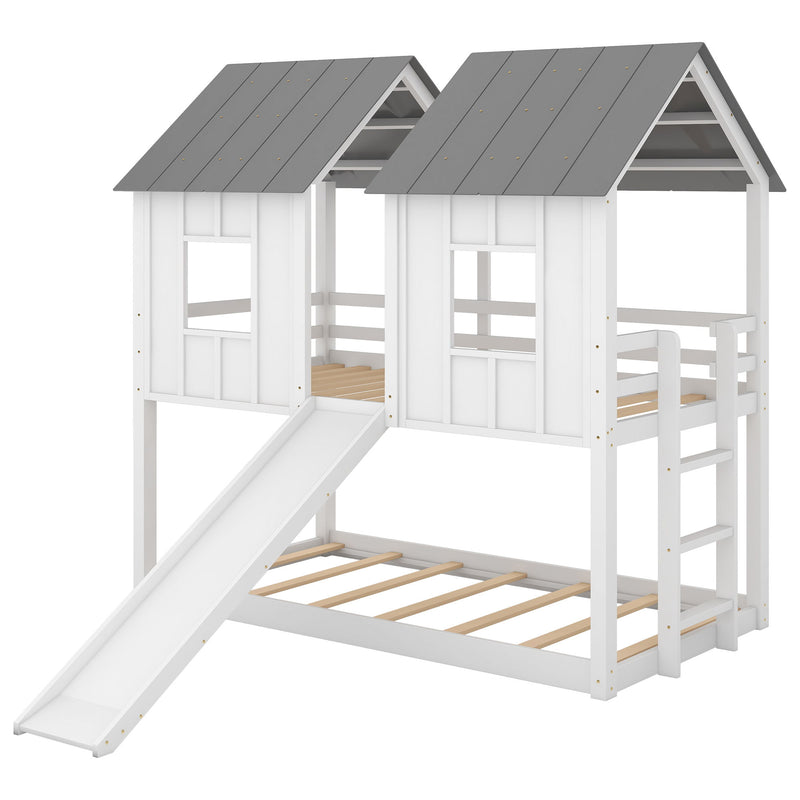 Twin Over Twin House Bunk Bed With Slide And Windows - White / Gray