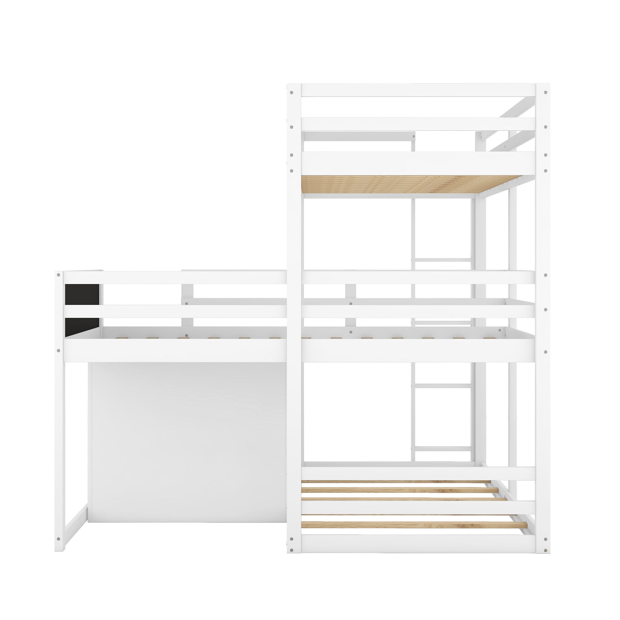 L-shaped Wood Triple Twin Size Bunk Bed with Storage Cabinet and Blackboard, Ladder, White