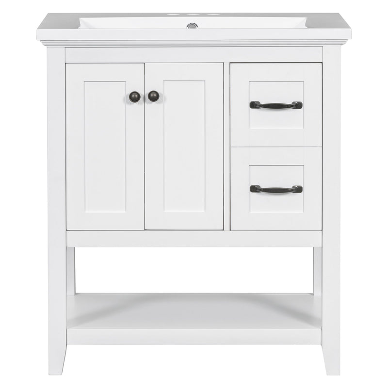 Bathroom Vanity With Ceramic Sink Top, Vanity Cabinet With Multi-Functional Drawer, Solid Wood Legs - White