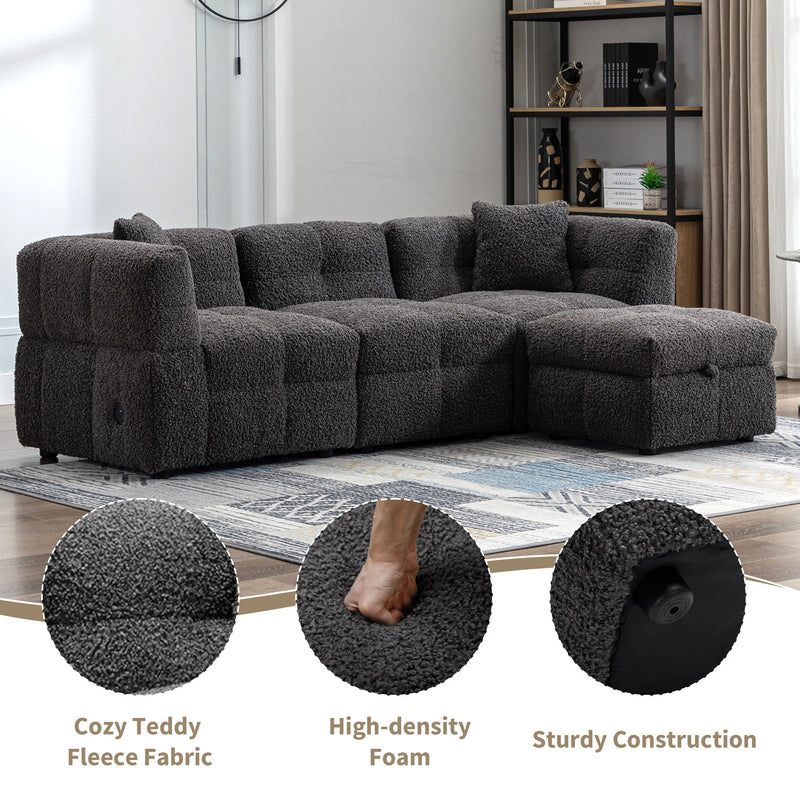 Sectional Sofa Cozy Teddy Fleece Sectional Sofa Couch With Two USB Ports A Movable Storage Ottoman And Two Lumbar Pillows For Living Room