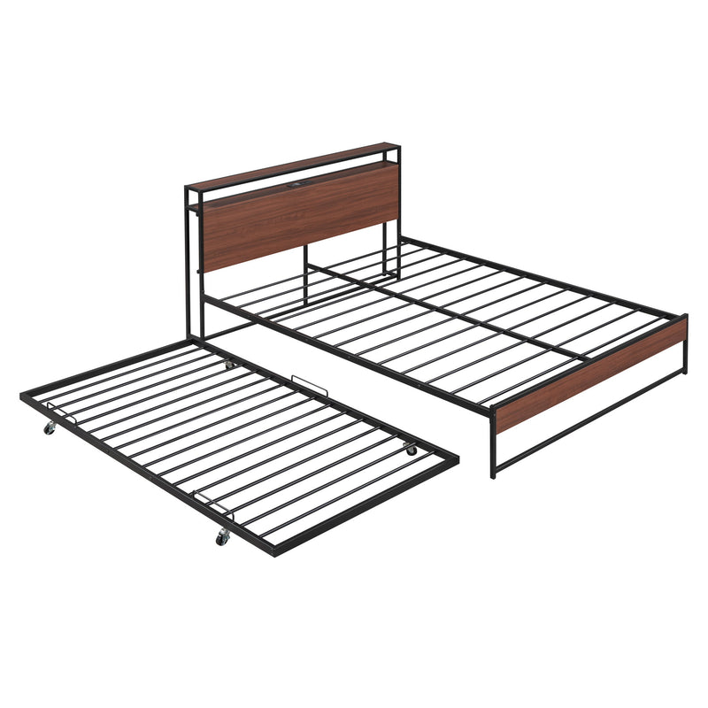 Platform Bed Frame With Trundle, USB Ports And Slat Support, No Box Spring Needed