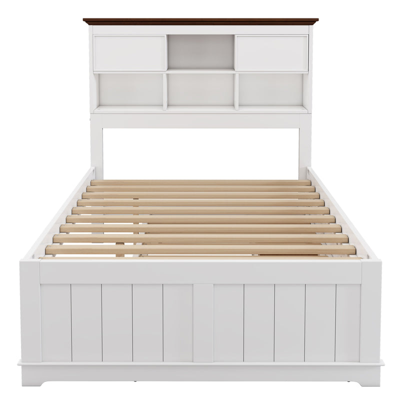 Full Solid Pine Captain Bookcase Bed With Trundle Bed And 3 Spacious Under Bed Drawers In Casual - White / Walnut