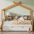 Wooden House Bed Original Wood Colored Frame With Bookshelf Storage Space