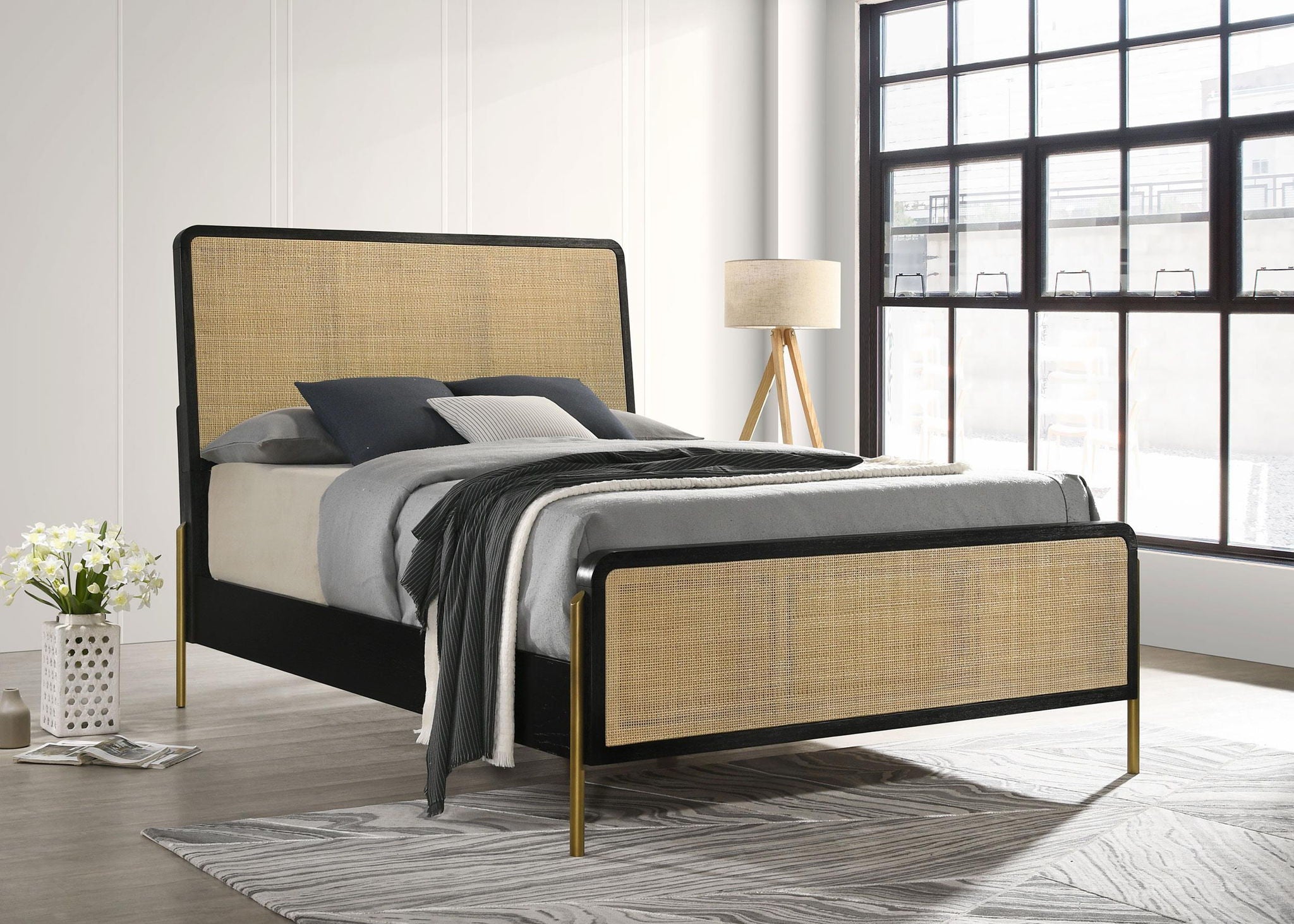 Arini Rattan California King Panel Bed Black and Natural