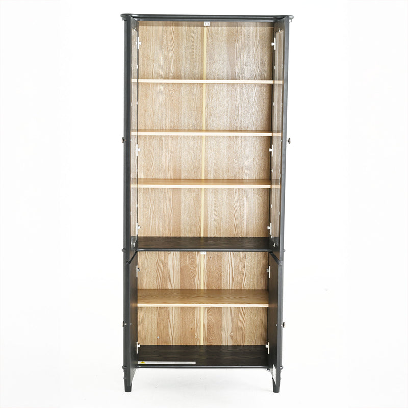 Vintage Display Cabinet With Double Glass Doors, Traditional Style For Collectibles, Ash Wood Veneer, 73.25" Tall - Black / Natural