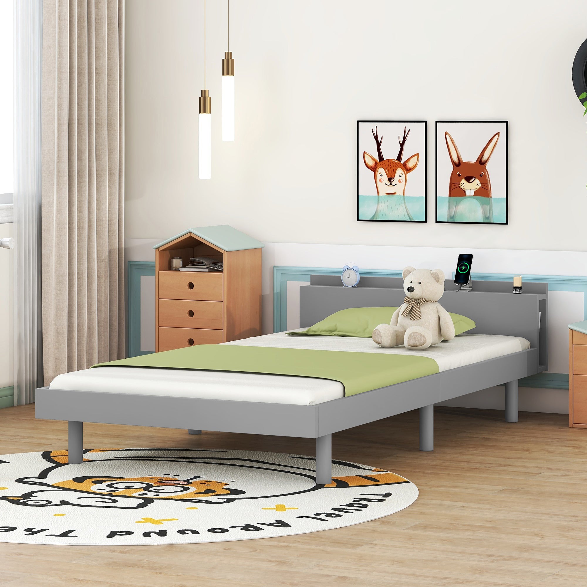 Modern Design Twin Size Platform Bed Frame with Built-in USB port for Grey Color - Atlantic Fine Furniture Melbourne FL