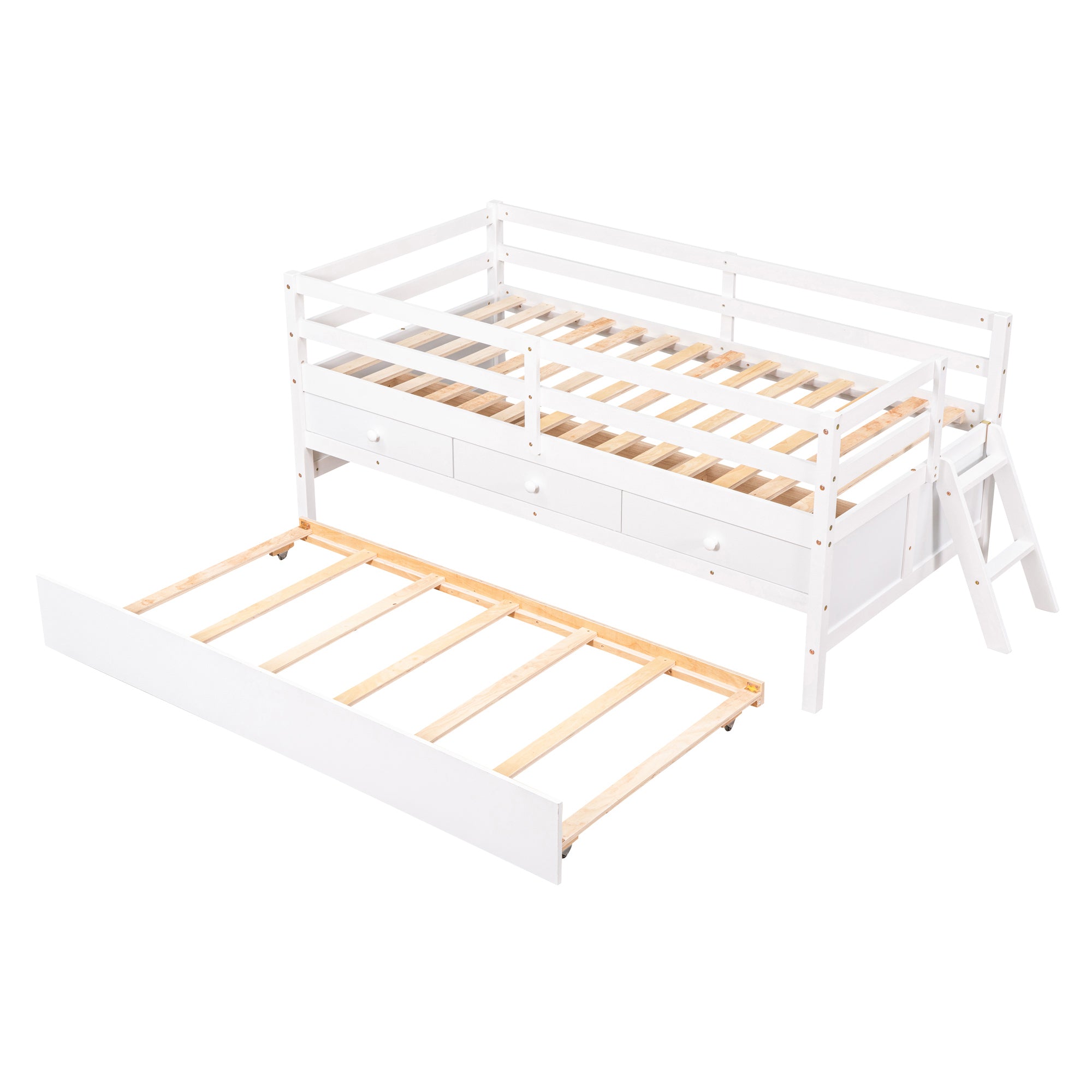 Low Loft Bed Twin Size with Full Safety Fence, Climbing ladder, Storage Drawers and Trundle White Solid Wood Bed - Atlantic Fine Furniture Melbourne FL