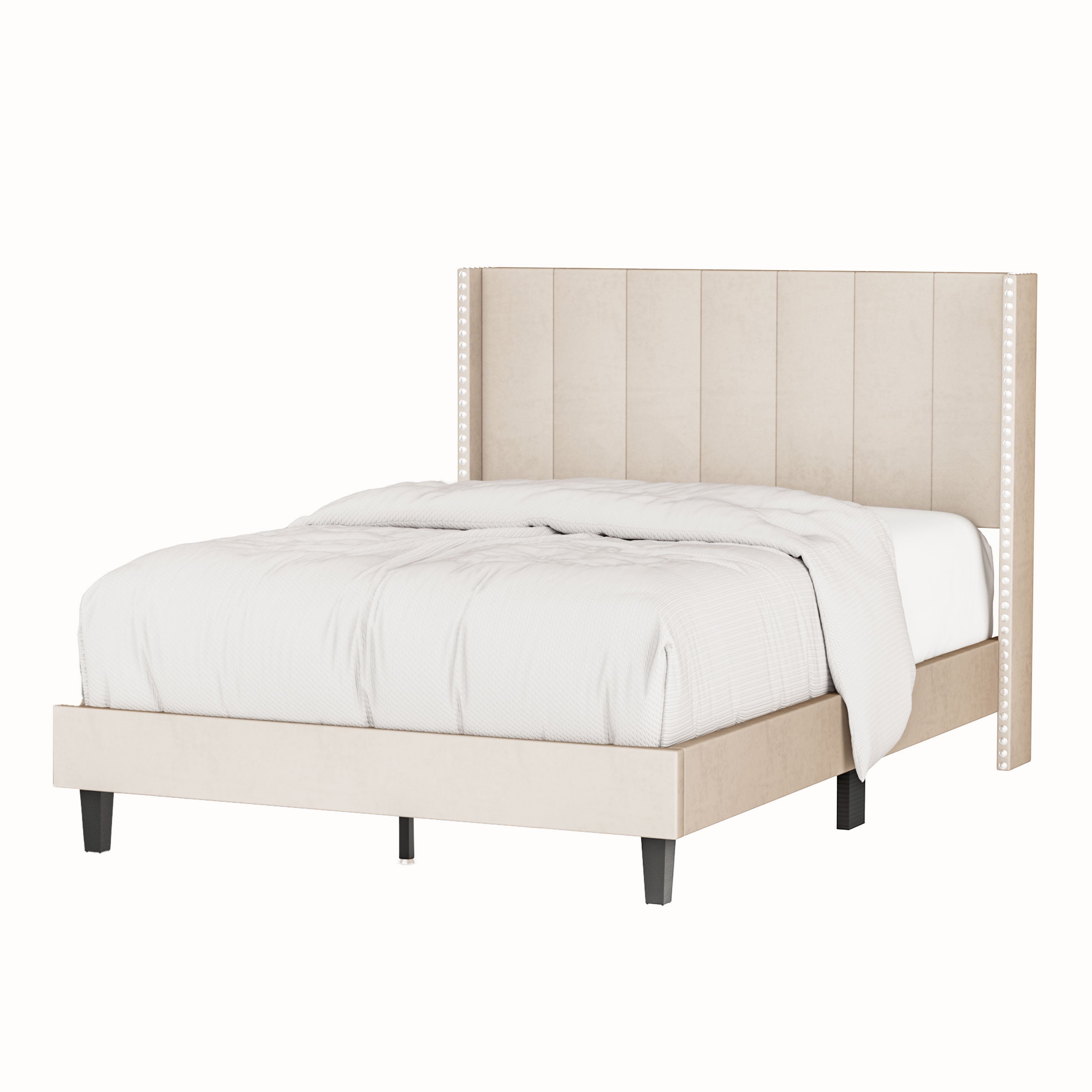 Velvet Upholstered Bed Frame with Vertical Channel Tufted Headboard,Modern Decorative Nailheads, Full size Bed Frame Beige - Atlantic Fine Furniture Melbourne FL