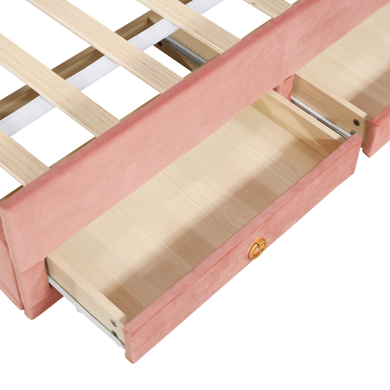 Full Size Upholstered Platform Bed with Trundle and 3 Drawers, Rabbit-Shaped Headboard with Embedded LED Lights, Pink