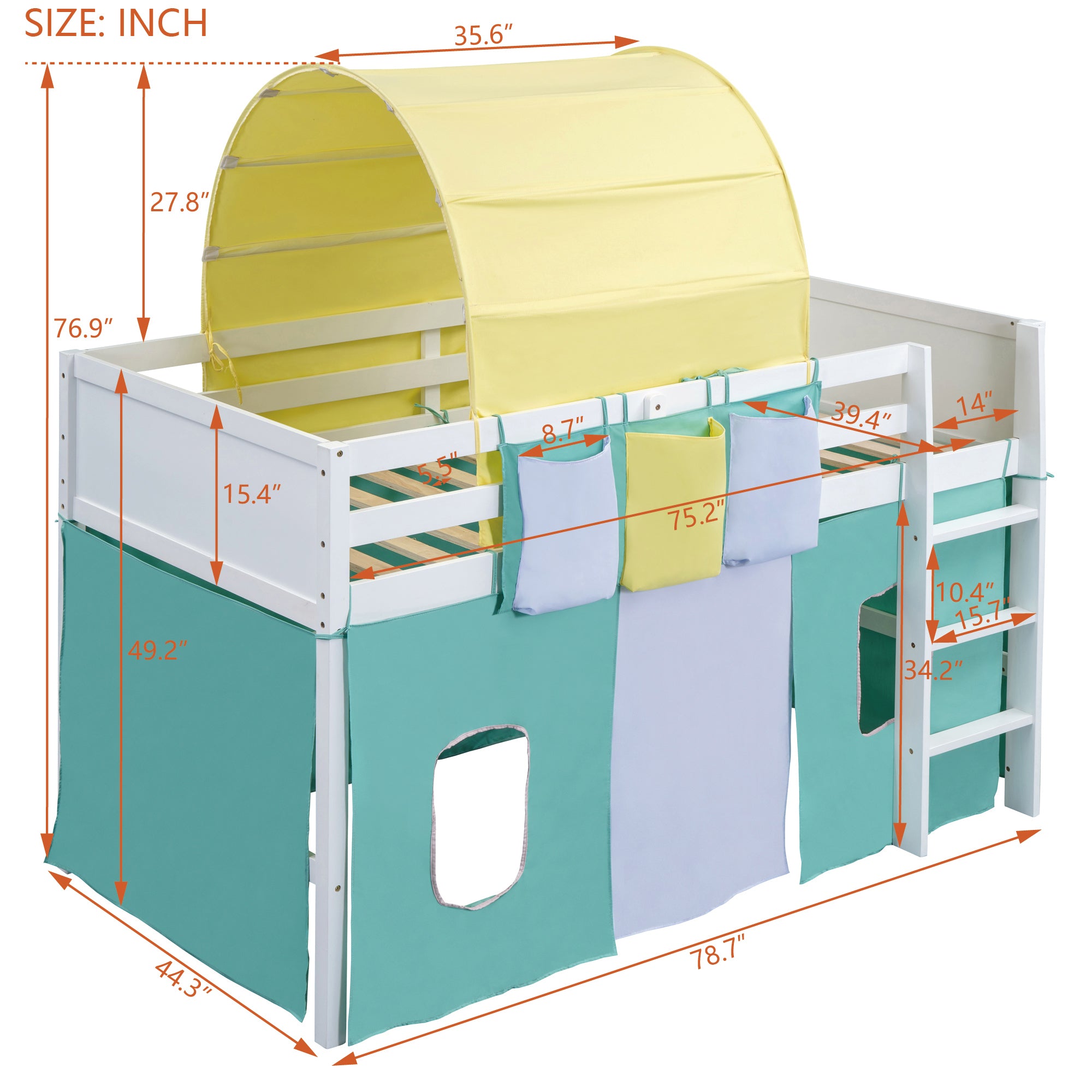 Twin Size Loft Bed with Tent and Tower  and  Three Pockets- Green - Atlantic Fine Furniture Melbourne FL