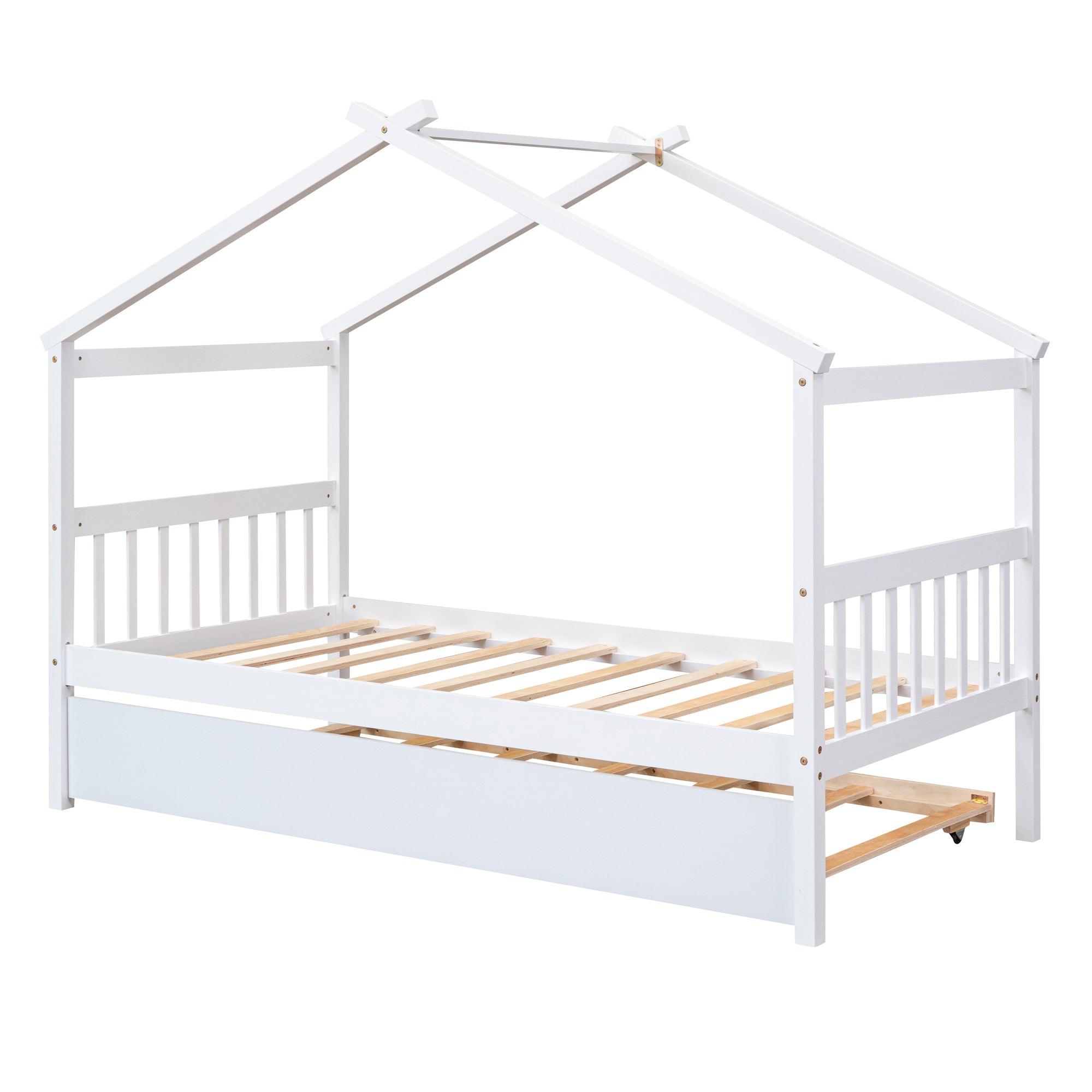 Twin Size Wooden House Bed with Twin Size Trundle, White - Atlantic Fine Furniture Melbourne FL