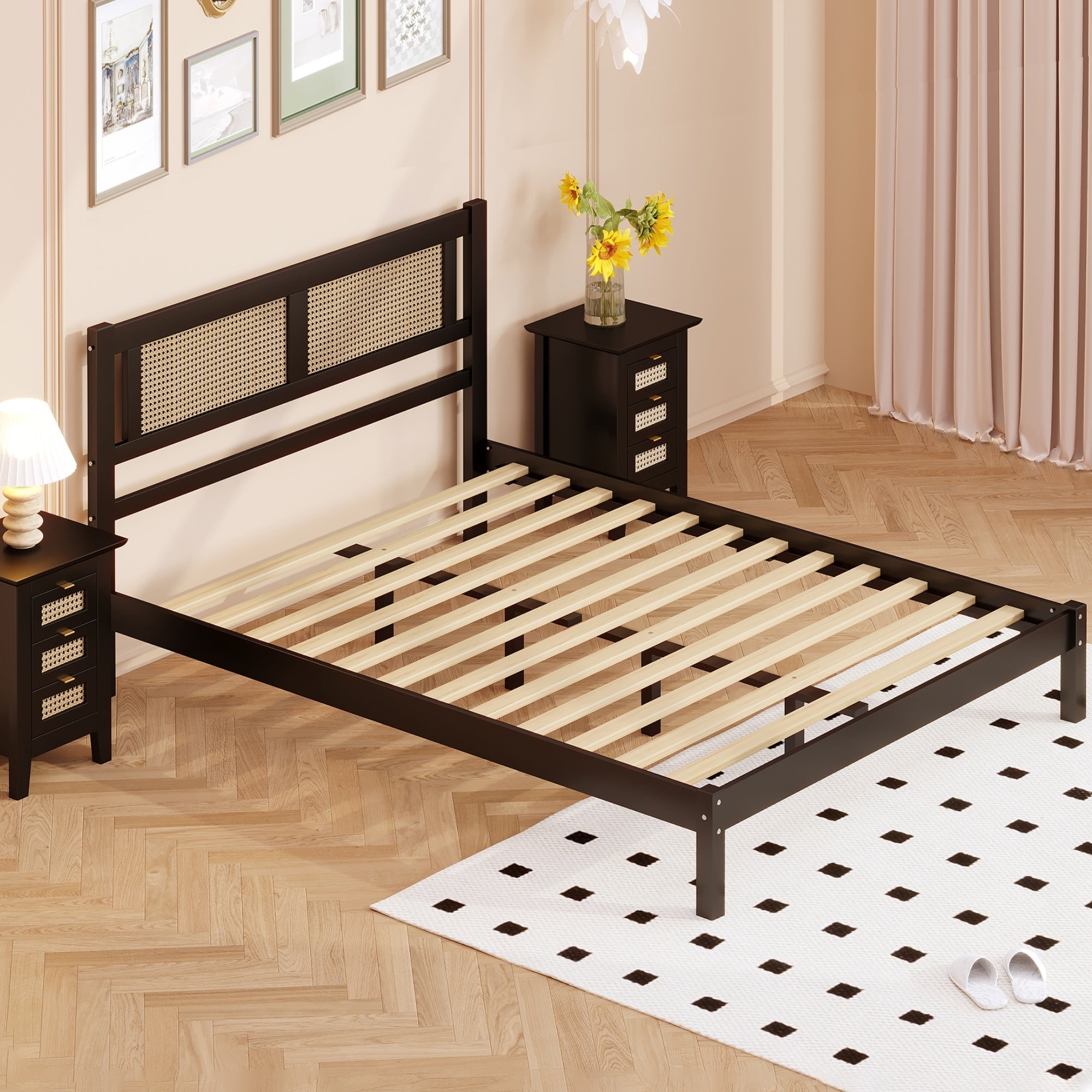 Full Size Wooden Platform Bed with Natural Rattan Headboard, Exquisite Elegance with Minimalist Charm for Bedroom, Black - Atlantic Fine Furniture Melbourne FL