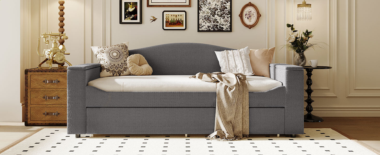 Twin Size Upholstered Daybed with Storage Armrests, Trundle and Latest Integrated Bluetooth Audio System, Teddy Fleece, Gray - Atlantic Fine Furniture Melbourne FL