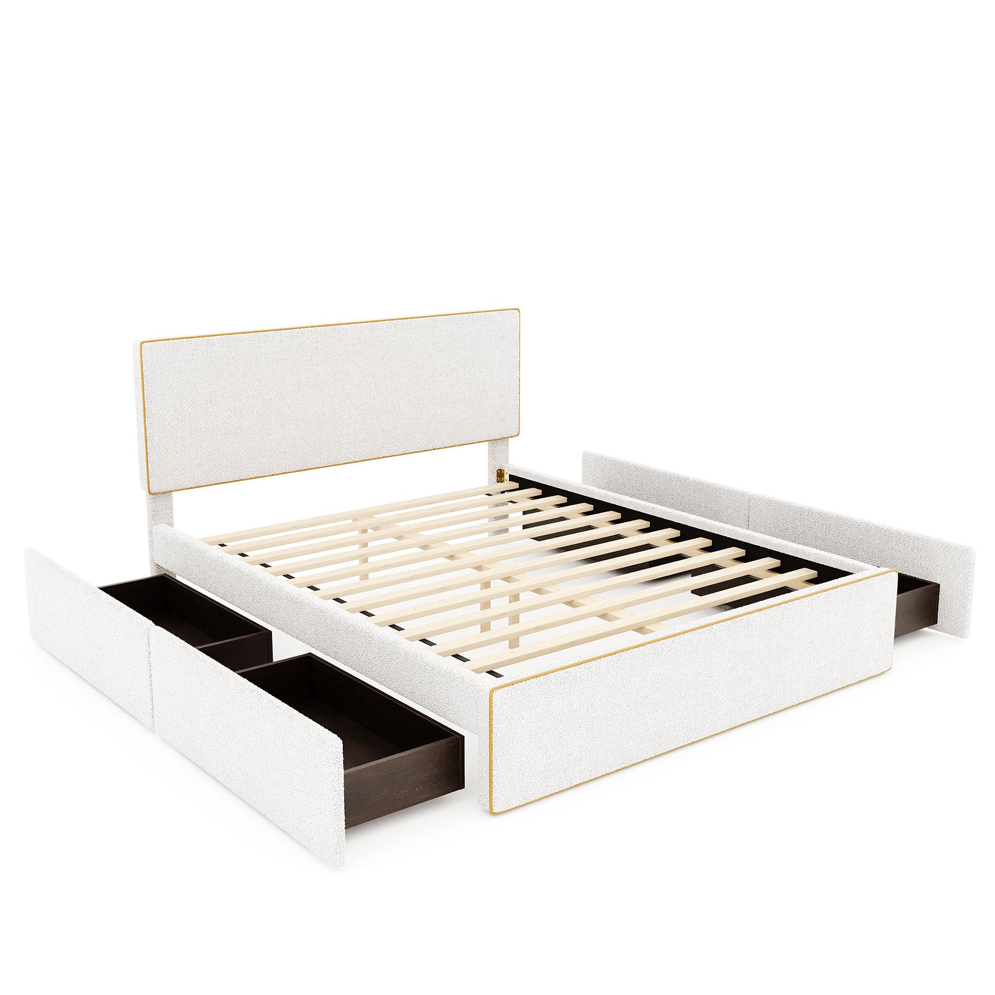 Queen Size Upholstered Platform Bed with 4 Drawers and Golden Edge on the Headboard & Footboard, White - Atlantic Fine Furniture Melbourne FL
