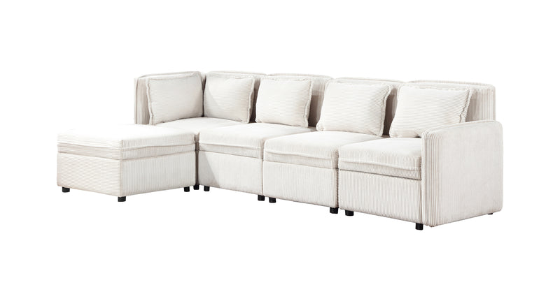 Modular Corduroy Sectional Sofa, Convertible L Shaped Couch Sofa with Storage,  5 Seat Sofa Couch for Living Room, Beige