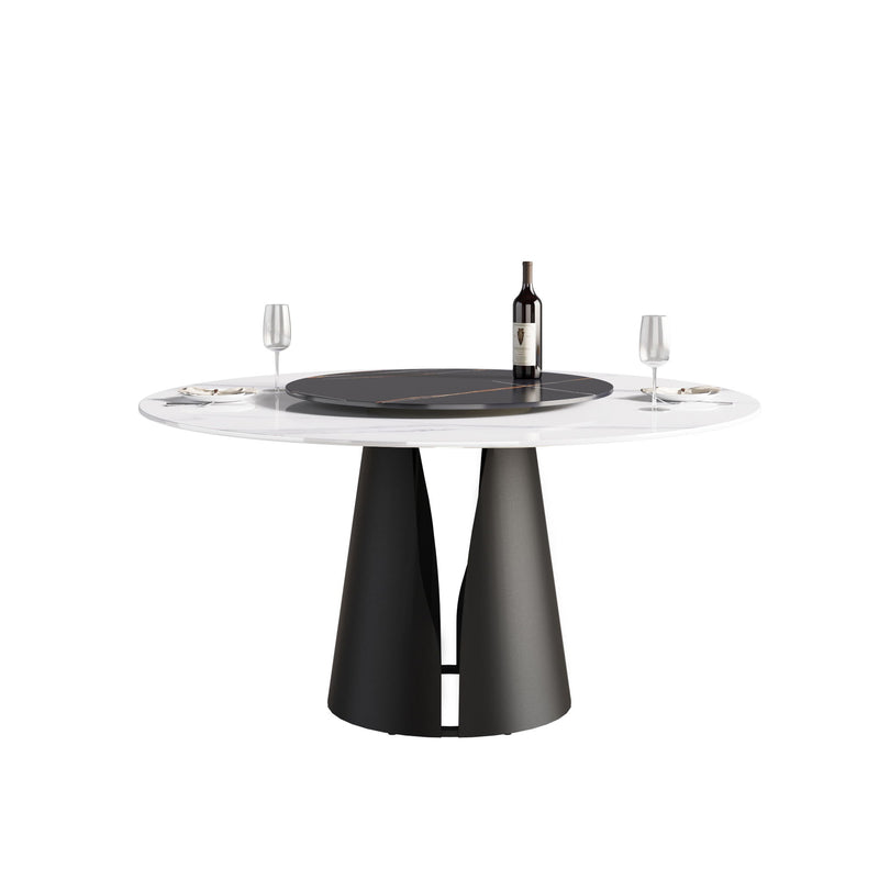 Modern Artificial Stone Round Carbon Steel Base Dining Table, Can Accommodate 6 People, Black Artificial Stone Turntable