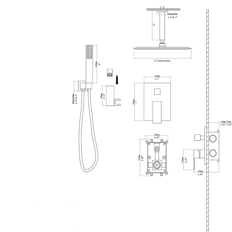 Luxury Dual Shower Head System 12" Ceiling Mount With Rough In Valve, Stainless Steel And Brass