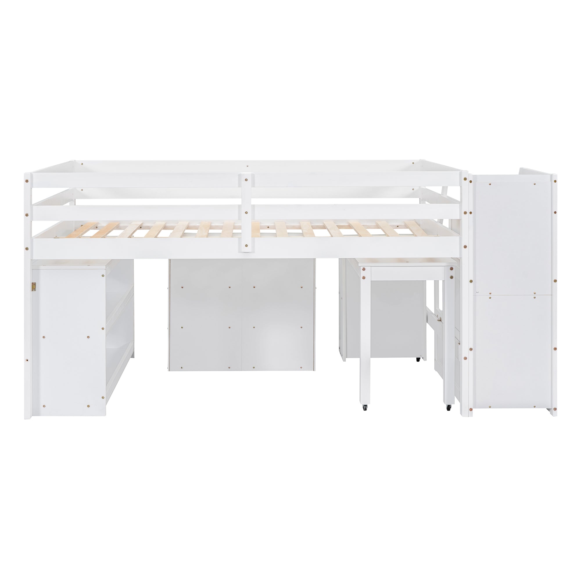 Full Size Loft Bed with Retractable Writing Desk and 3 Drawers, Wooden Loft Bed with Storage Stairs and Shelves, White - Atlantic Fine Furniture Melbourne FL