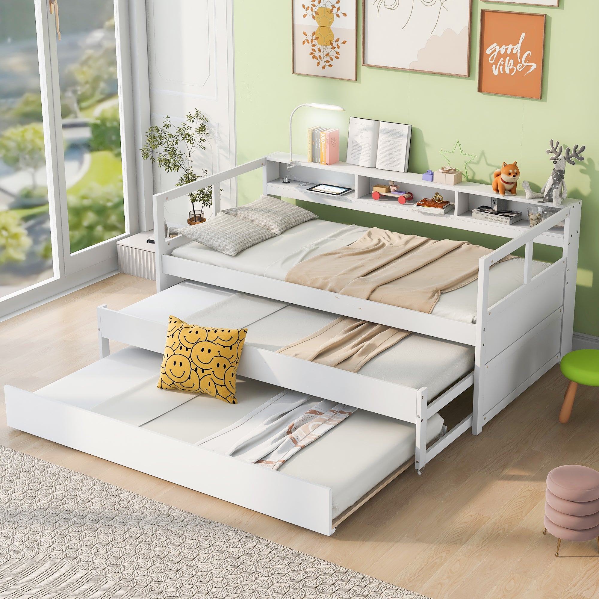 Twin XL Wood Daybed with 2 Trundles, 3 Storage Cubbies, 1 Light for Free and USB Charging Design, White - Atlantic Fine Furniture Melbourne FL