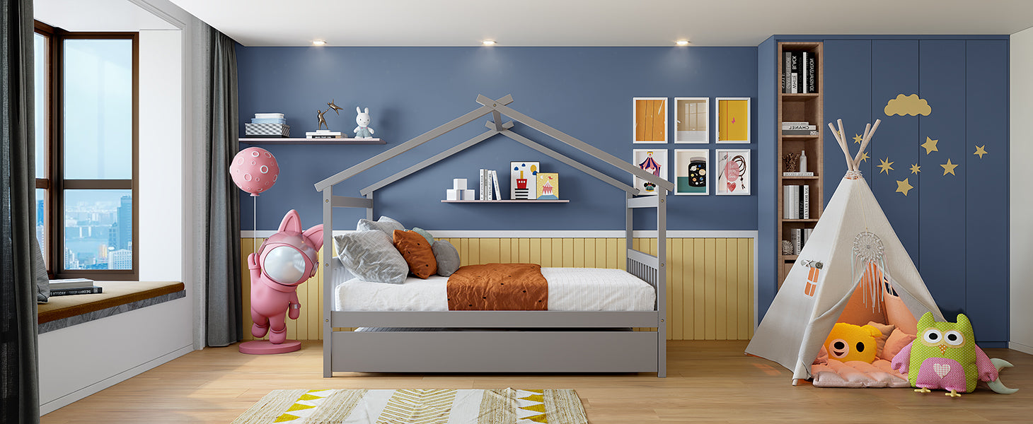 Full Size Wooden House Bed with Twin Size Trundle, Gray - Atlantic Fine Furniture Melbourne FL