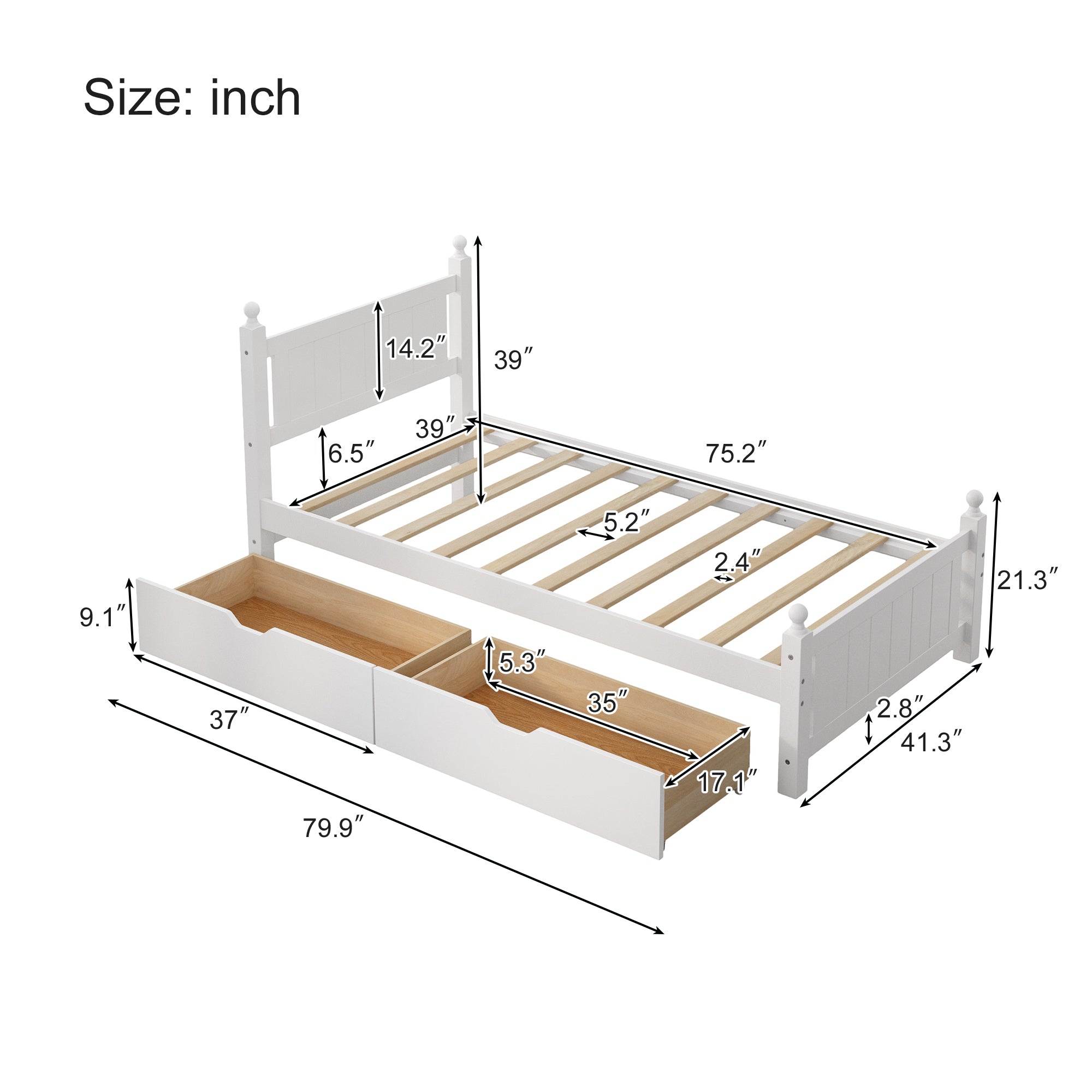 Twin Size Solid Wood Platform Bed Frame with 2 drawers for Limited Space Kids, Teens, Adults, No Need Box Spring, White - Atlantic Fine Furniture Melbourne FL