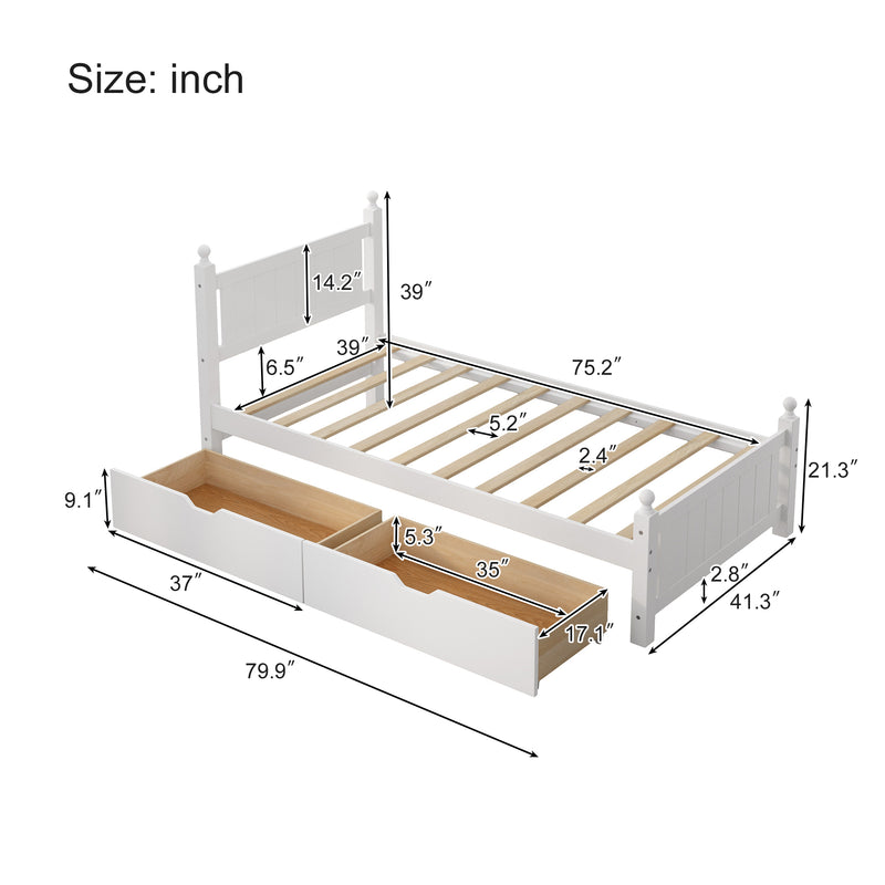 Twin Size Solid Wood Platform Bed Frame with 2 drawers for Limited Space Kids, Teens, Adults, No Need Box Spring, White