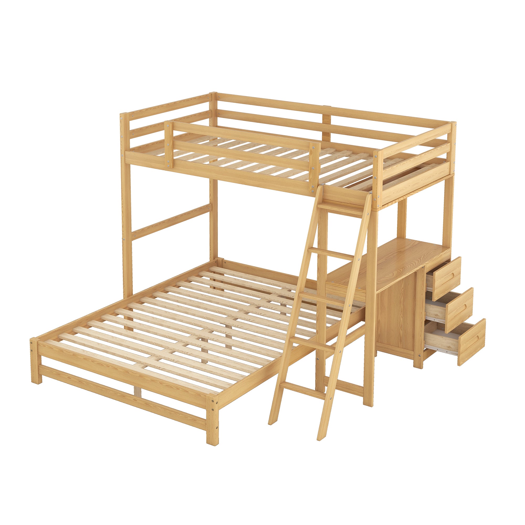 Twin over Full Bunk Bed with Built-in Desk and Three Drawers, Natural - Atlantic Fine Furniture Melbourne FL