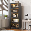 Modern Steel Display Cabinet With Glass Doors And LED Lights, 5 Tier Steel Barrister Bookcase For Home Or Office - Black