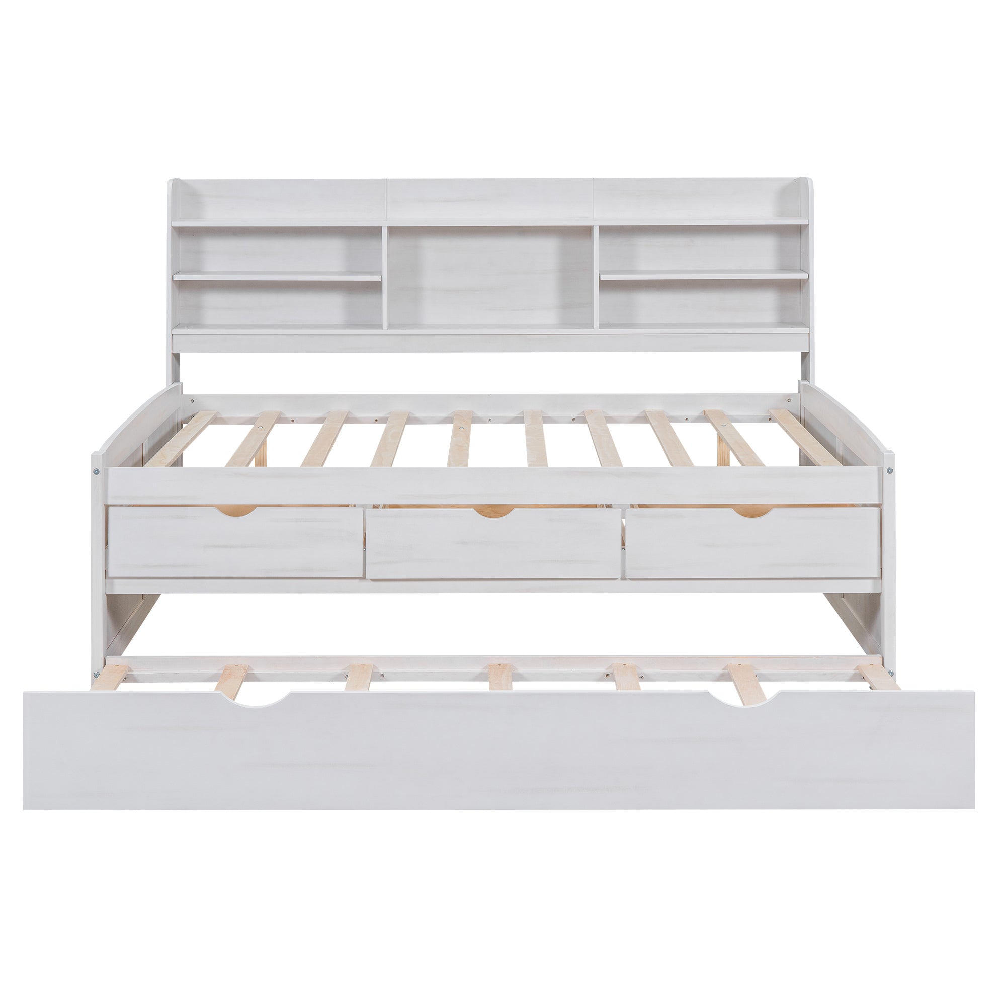 Full Size Wooden Captain Bed with Built-in Bookshelves,Three Storage Drawers and Trundle,White Wash - Atlantic Fine Furniture Melbourne FL