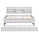 Full Size Wooden Captain Bed with Built-in Bookshelves,Three Storage Drawers and Trundle,White Wash