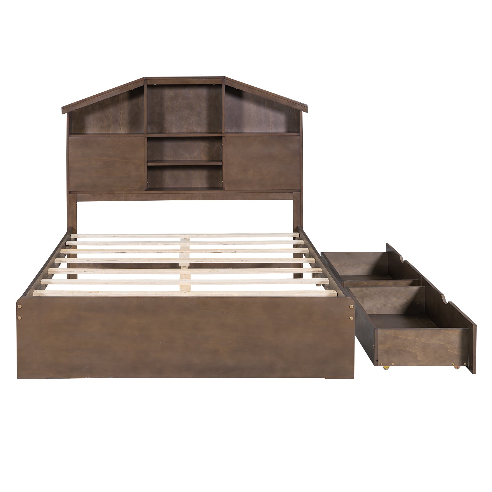 Full Size Wood Platform Bed with House-shaped Storage Headboard and 2 Drawers, Walnut - Atlantic Fine Furniture Melbourne FL