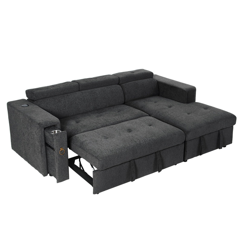 Multi-Functional Pull-Out Sofa Bed L-Shape Sectional Sofa With Adjustable Headrest, Wireless Charging, Cup Holders And Hidden Storage For Living Room