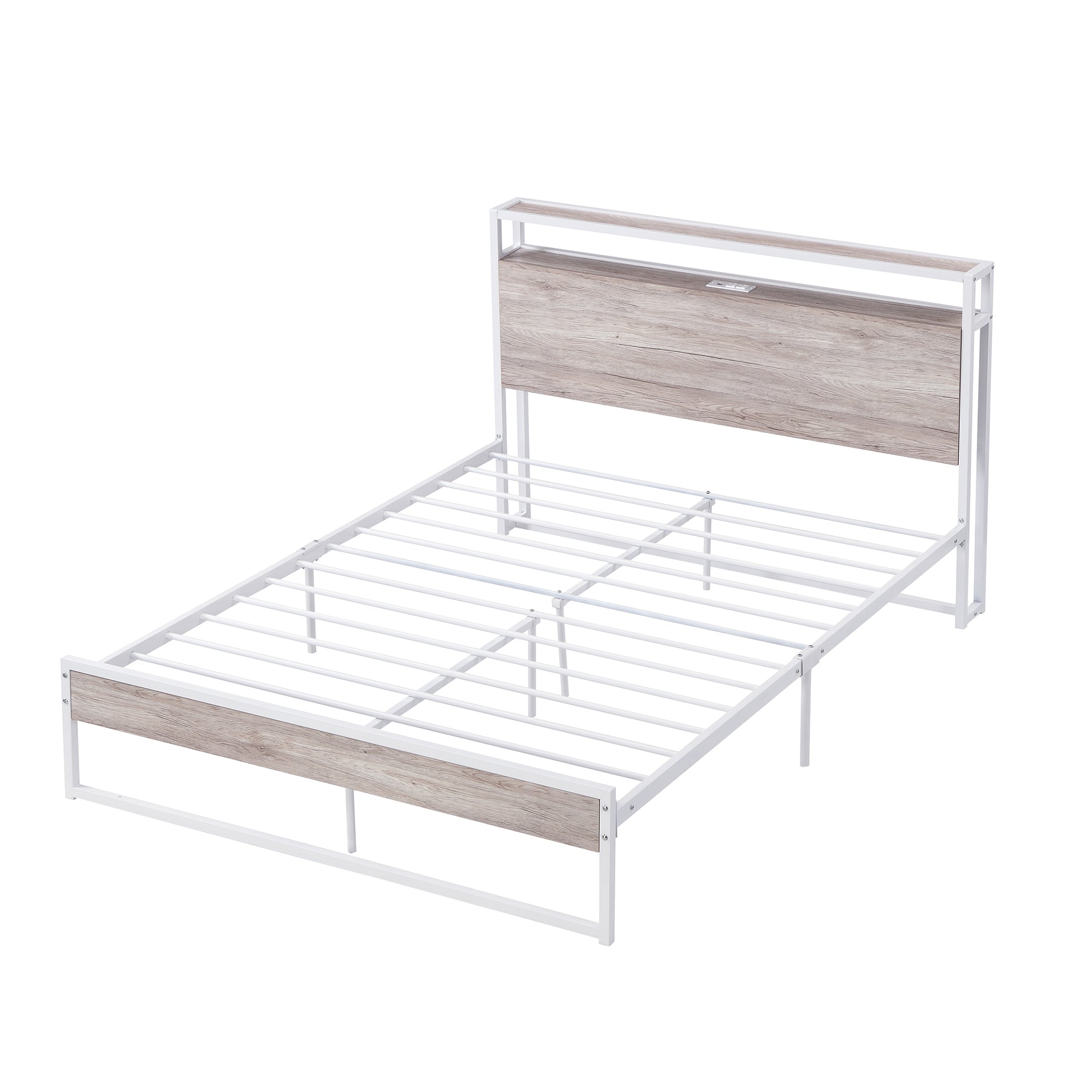 Full Size Metal Platform Bed Frame with Sockets, USB Ports and Slat Support ,No Box Spring Needed White