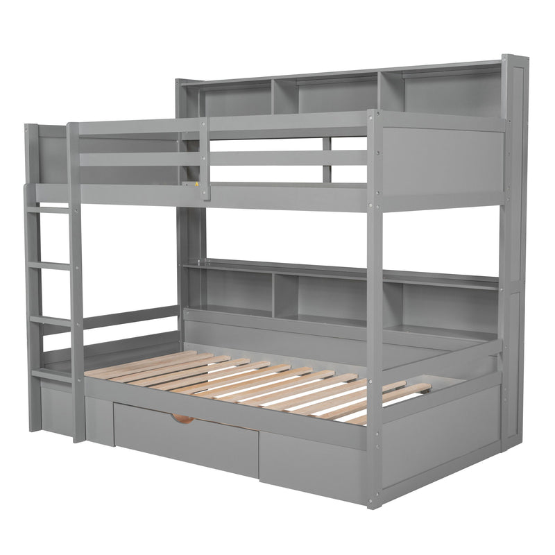 Twin Size Bunk Bed With Built-In Shelves Beside Both Upper And Down Bed And Storage Drawer