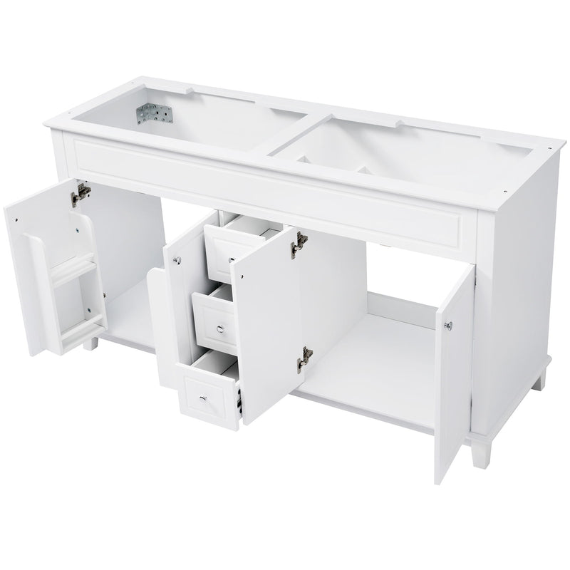 Bathroom Vanity Cabinet Only, 3 Drawers & 4 Doors With Double Layer Shelves - White