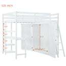 Full Size Loft Bed with Wardrobe and Desk and Shelves, White