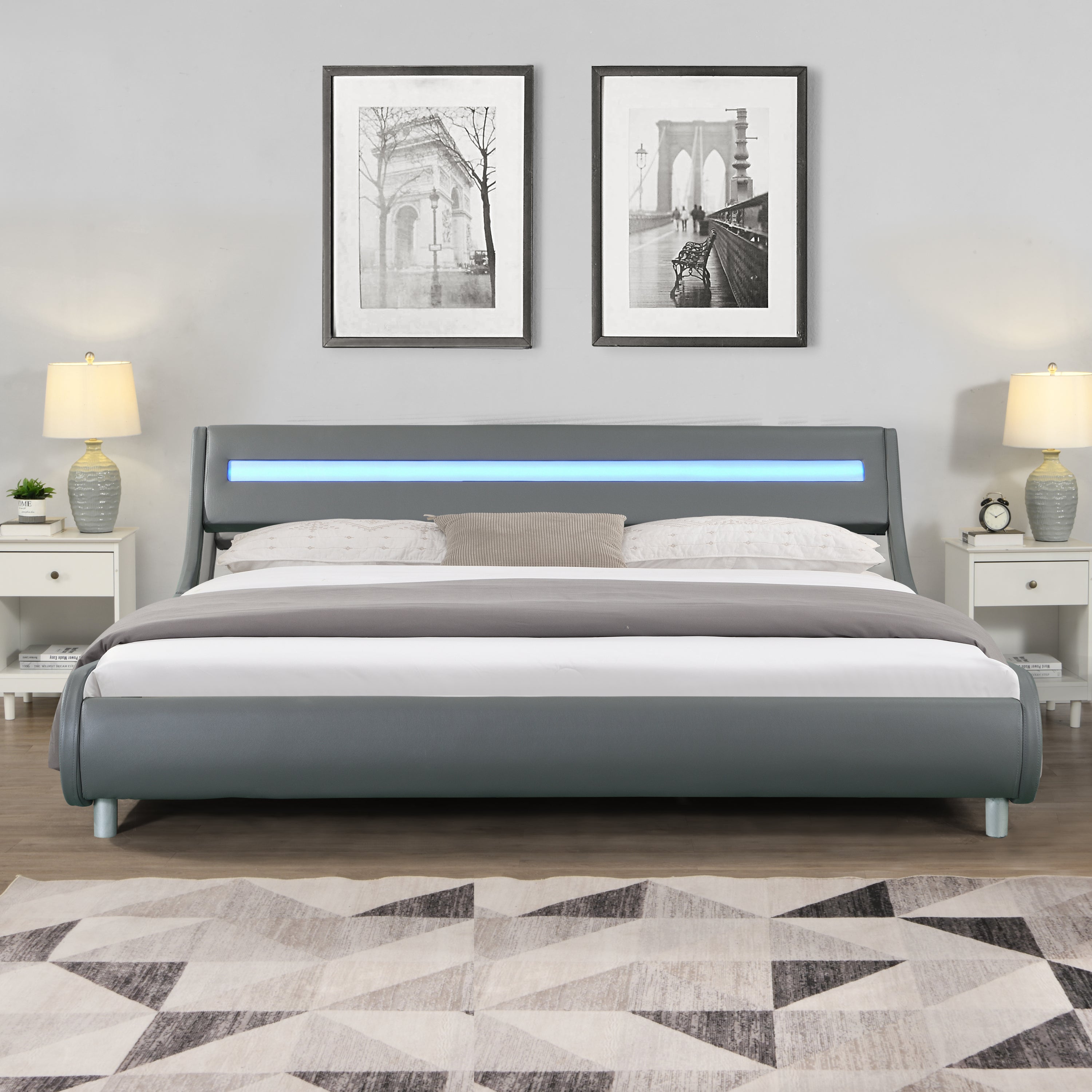 Faux Leather Upholstered Platform Bed Frame with led lighting , Curve Design, Wood Slat Support, No Box Spring Needed, Easy Assemble, King Size, Gray - Atlantic Fine Furniture Melbourne FL