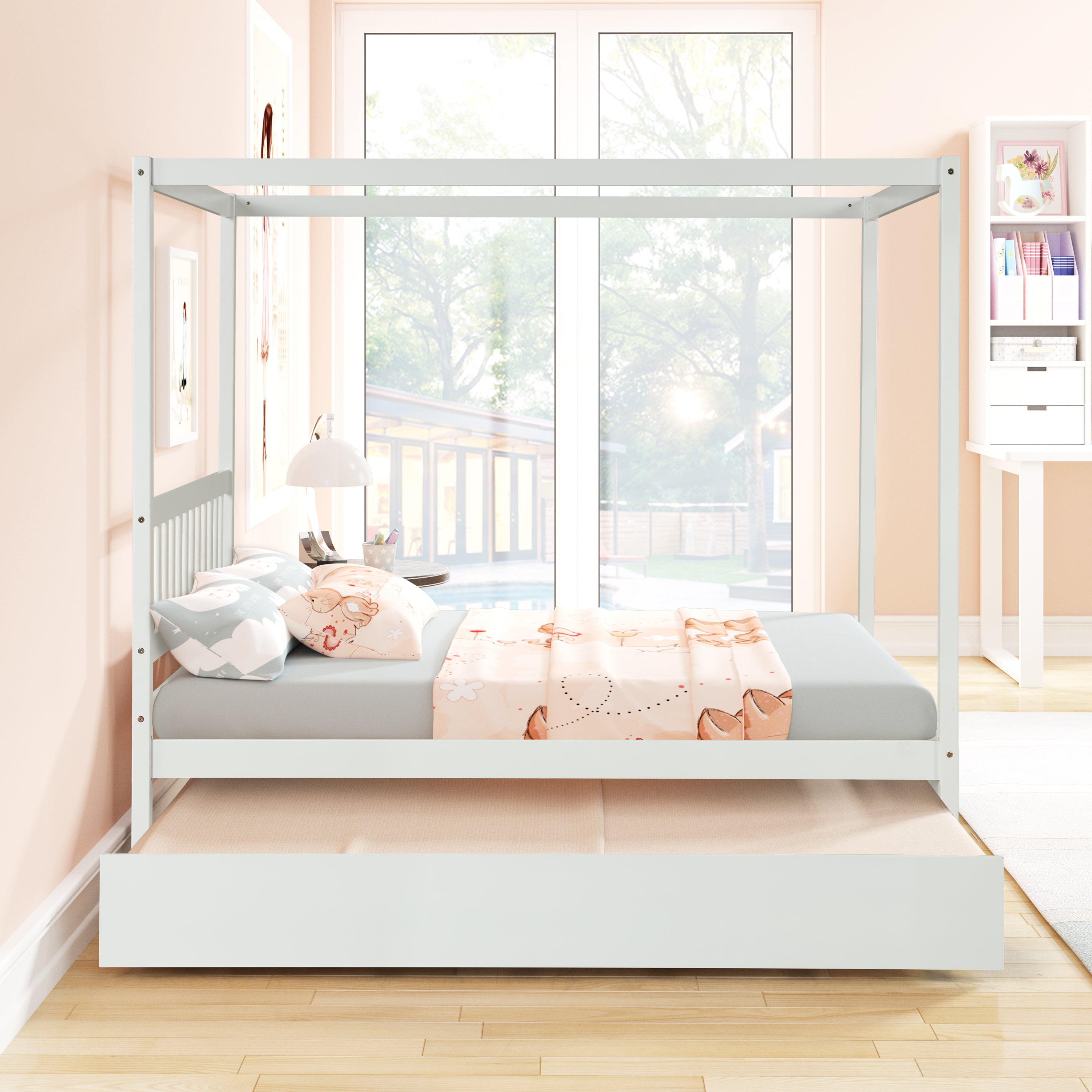 Full Size Canopy Bed with Twin Trundle, Kids Solid Wood Platform Bed Frame w/ Headboard, No Box Spring Needed White Color