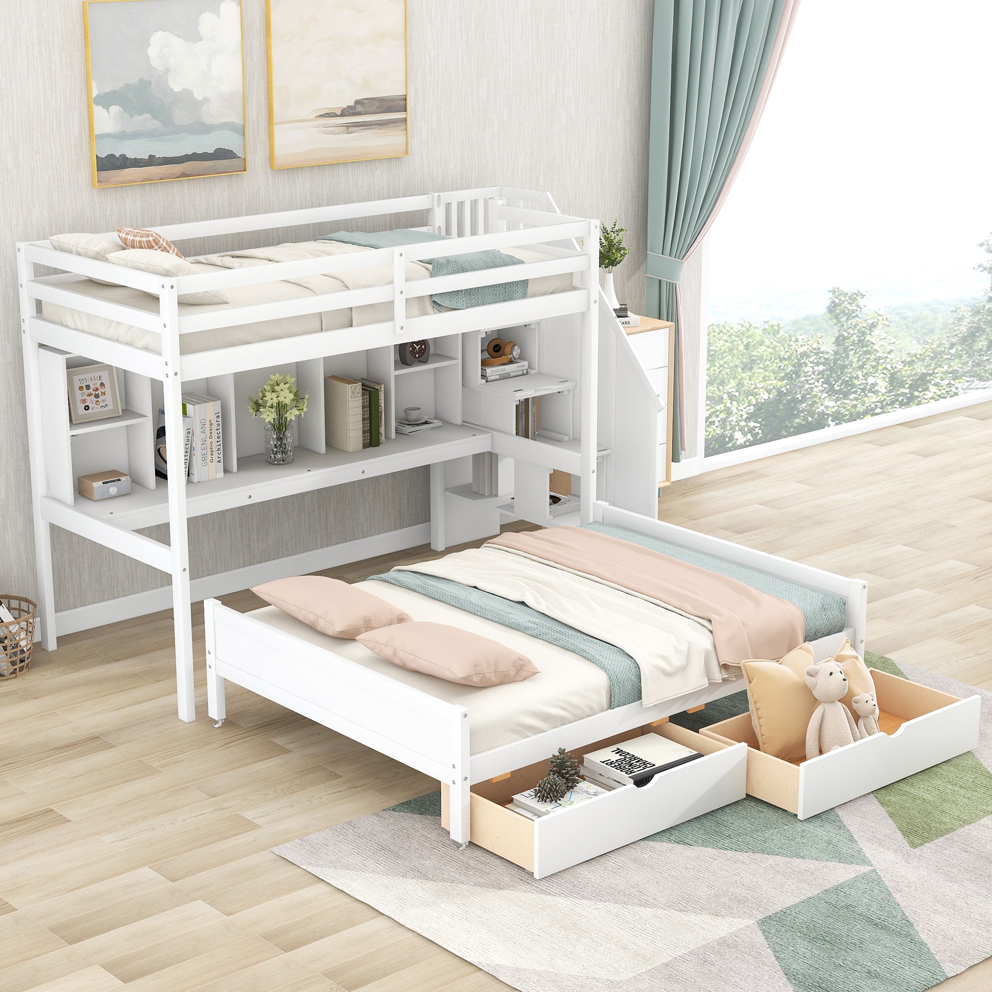 Twin XL over Full Bunk Bed with Built-in Storage Shelves, Drawers and Staircase,White - Atlantic Fine Furniture Melbourne FL