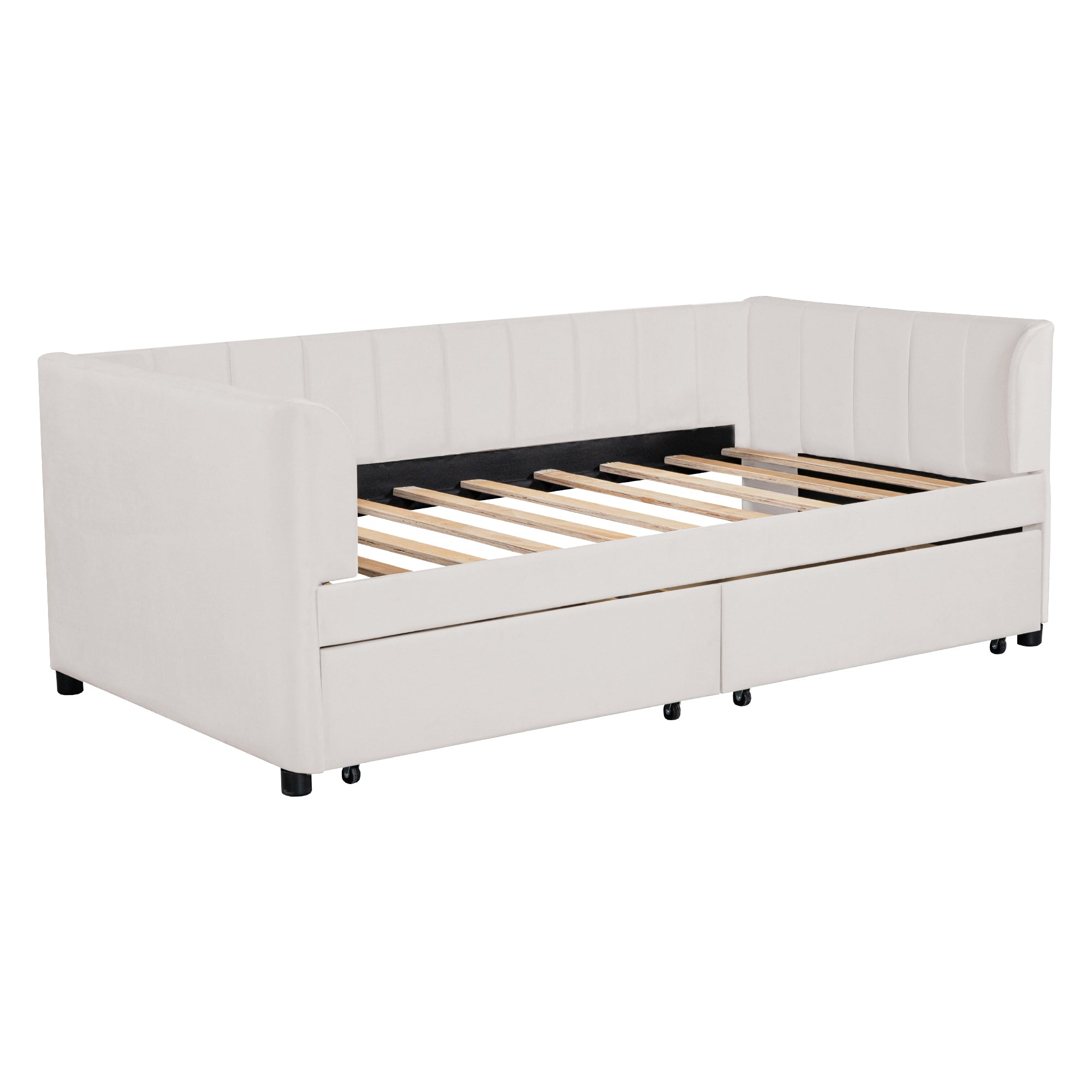 Twin Size Upholstered Daybed with Ergonomic Design Backrest and 2 Drawers, Beige - Atlantic Fine Furniture Melbourne FL